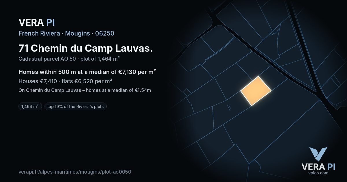 71 Chemin du Camp Lauvas, Mougins at night – the plot lit, the parcels around coloured by the prices near them