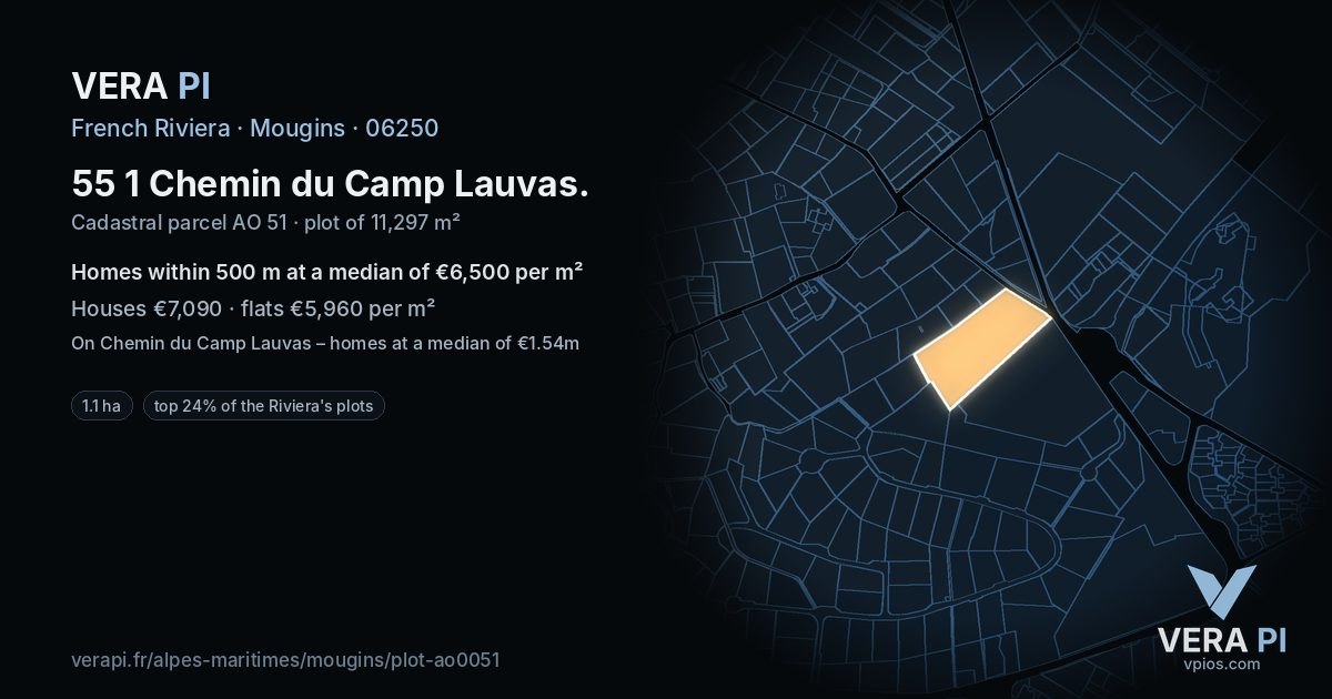 55 1 Chemin du Camp Lauvas, Mougins at night – the plot lit, the parcels around coloured by the prices near them