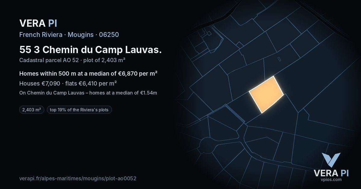 55 3 Chemin du Camp Lauvas, Mougins at night – the plot lit, the parcels around coloured by the prices near them
