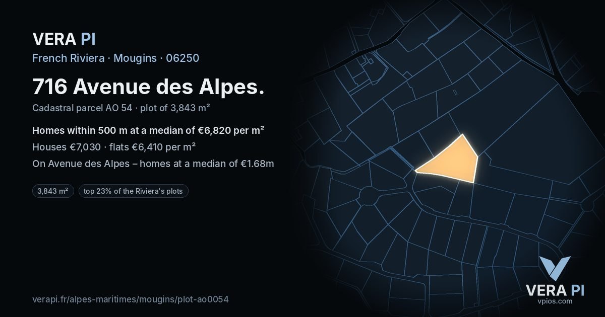 716 Avenue des Alpes, Mougins at night – the plot lit, the parcels around coloured by the prices near them