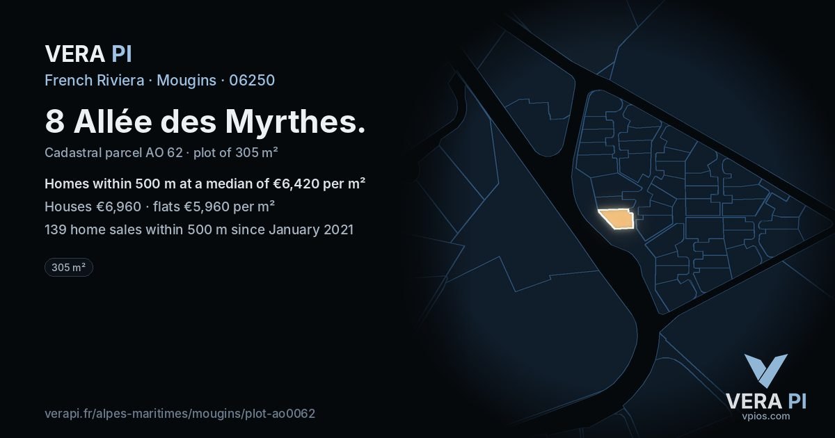 8 Allée des Myrthes, Mougins at night – the plot lit, the parcels around coloured by the prices near them
