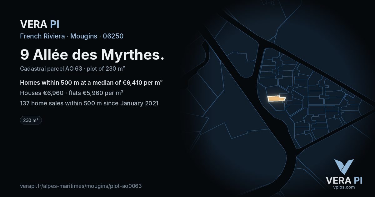 9 Allée des Myrthes, Mougins at night – the plot lit, the parcels around coloured by the prices near them
