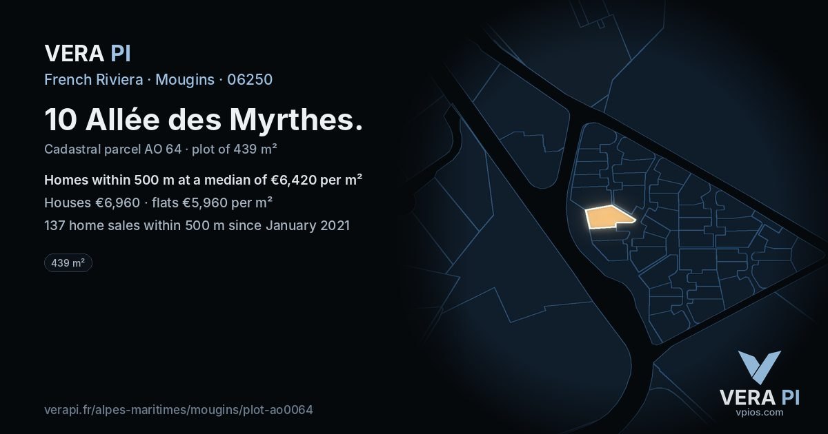 10 Allée des Myrthes, Mougins at night – the plot lit, the parcels around coloured by the prices near them