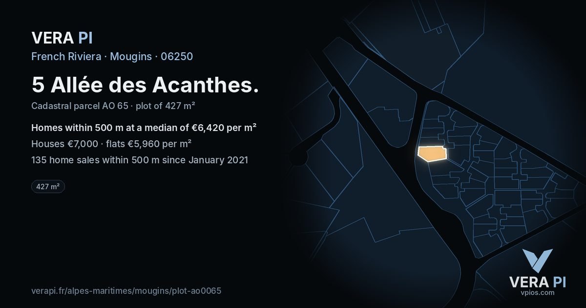 5 Allée des Acanthes, Mougins at night – the plot lit, the parcels around coloured by the prices near them