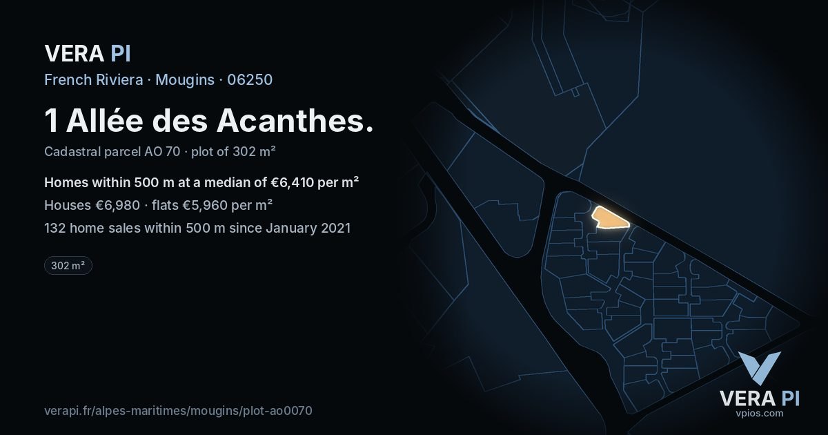 1 Allée des Acanthes, Mougins at night – the plot lit, the parcels around coloured by the prices near them