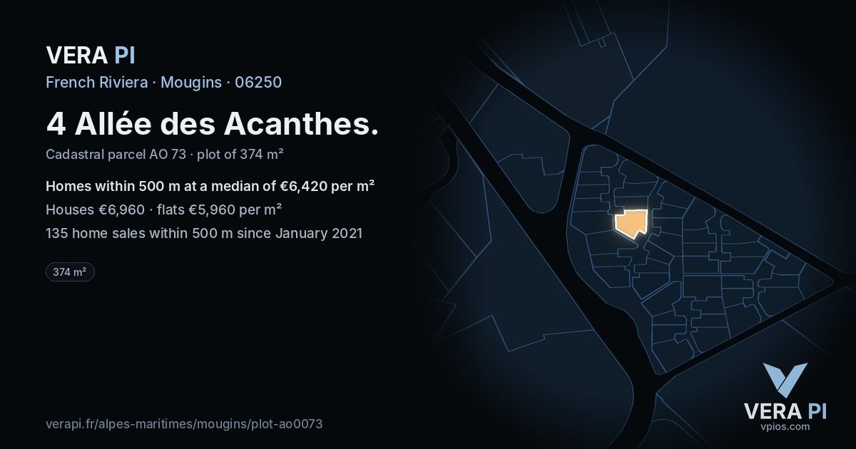 4 Allée des Acanthes, Mougins at night – the plot lit, the parcels around coloured by the prices near them