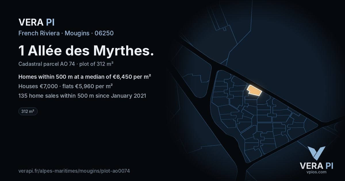 1 Allée des Myrthes, Mougins at night – the plot lit, the parcels around coloured by the prices near them