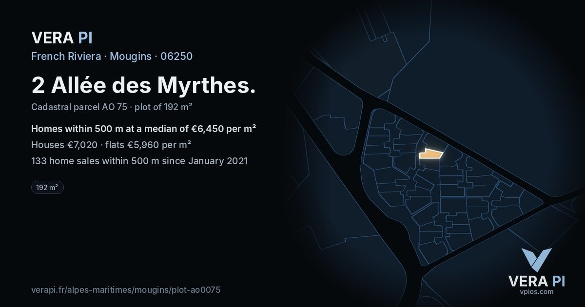 2 Allée des Myrthes, Mougins at night – the plot lit, the parcels around coloured by the prices near them