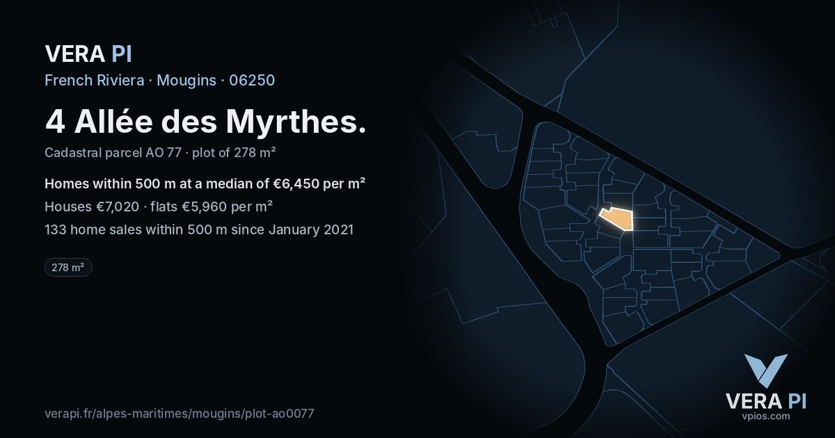 4 Allée des Myrthes, Mougins at night – the plot lit, the parcels around coloured by the prices near them