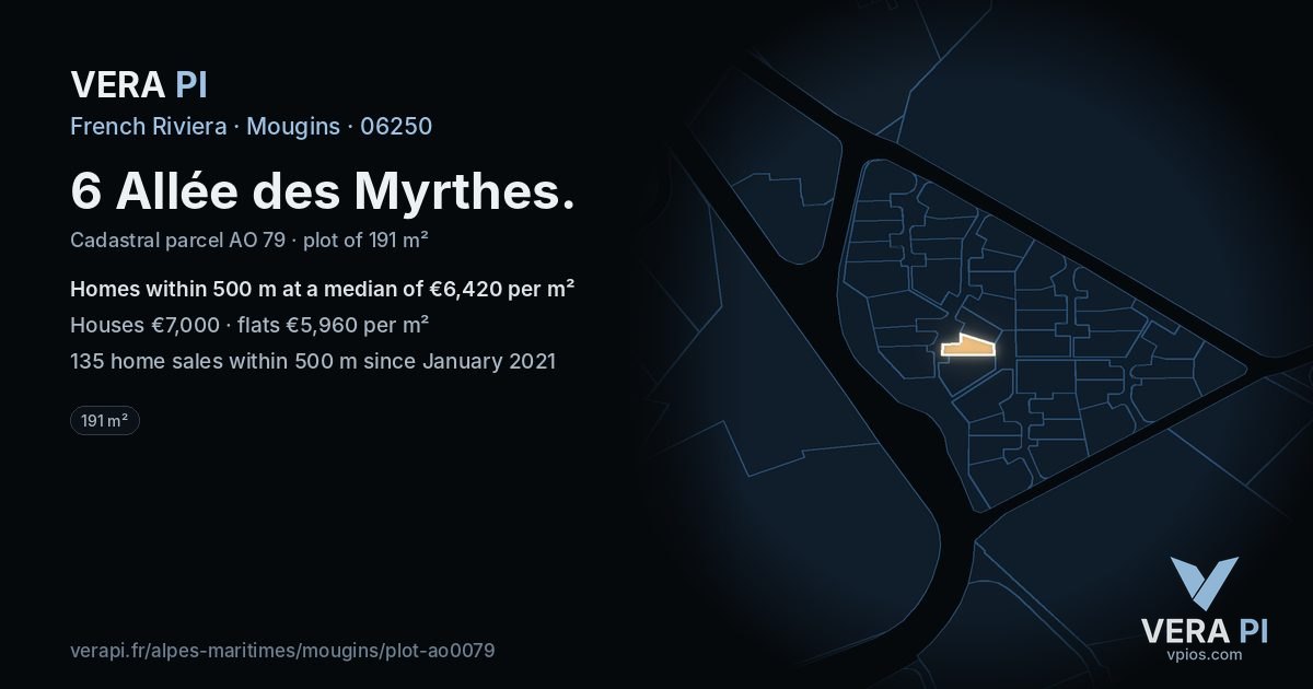 6 Allée des Myrthes, Mougins at night – the plot lit, the parcels around coloured by the prices near them