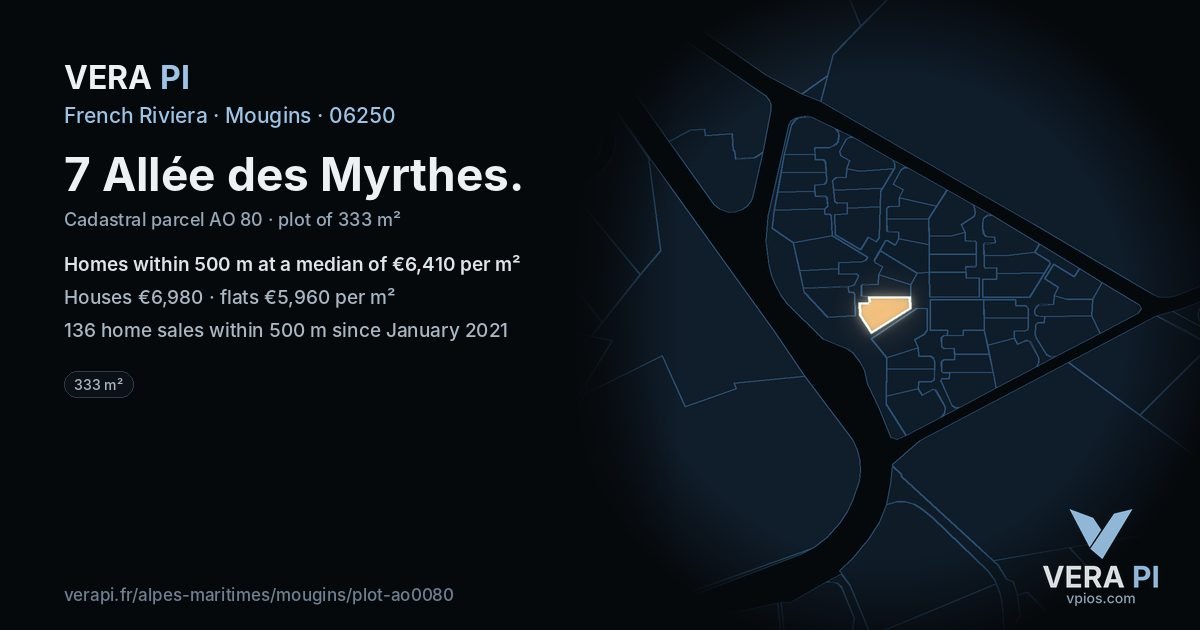 7 Allée des Myrthes, Mougins at night – the plot lit, the parcels around coloured by the prices near them
