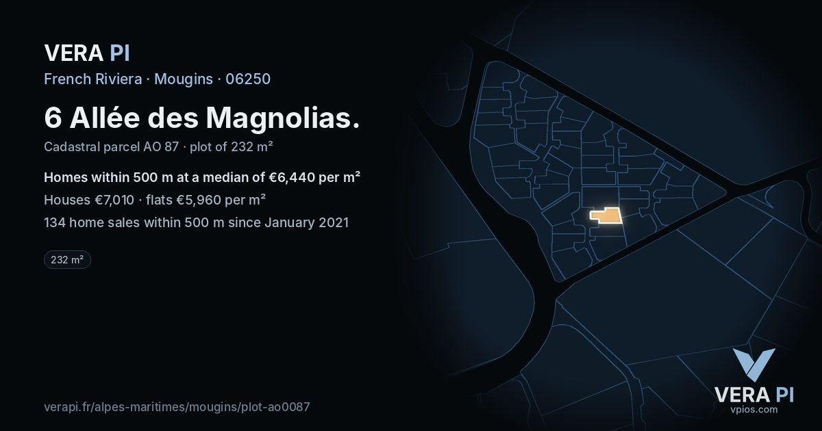 6 Allée des Magnolias, Mougins at night – the plot lit, the parcels around coloured by the prices near them