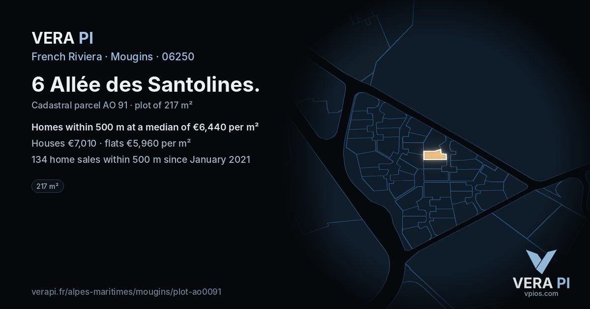 6 Allée des Santolines, Mougins at night – the plot lit, the parcels around coloured by the prices near them