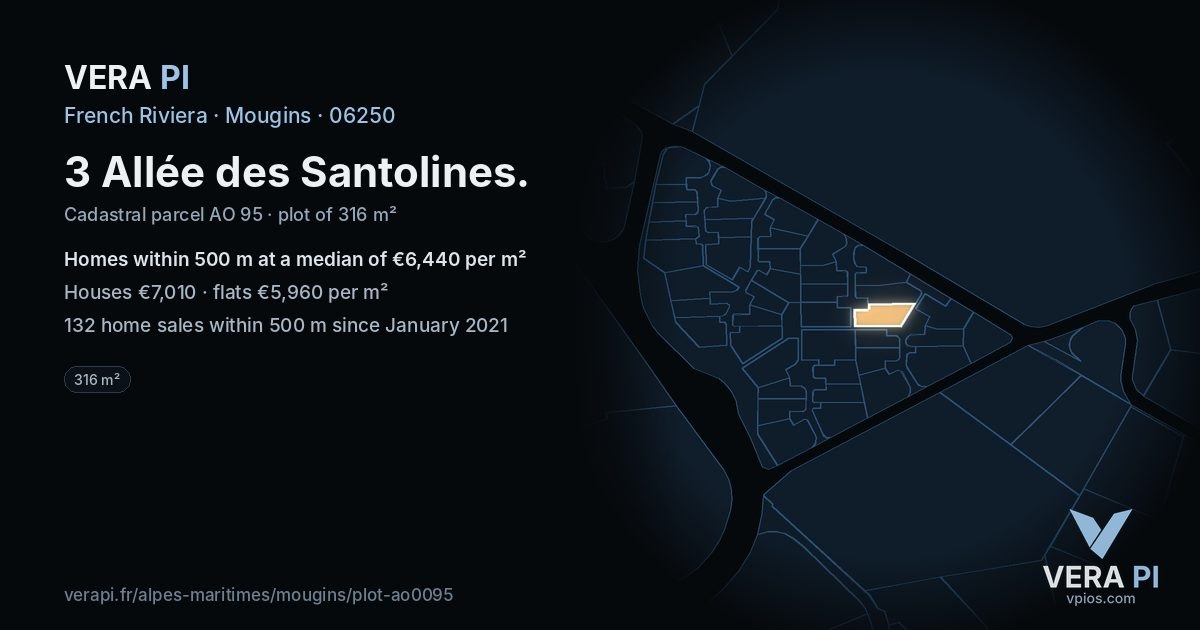 3 Allée des Santolines, Mougins at night – the plot lit, the parcels around coloured by the prices near them