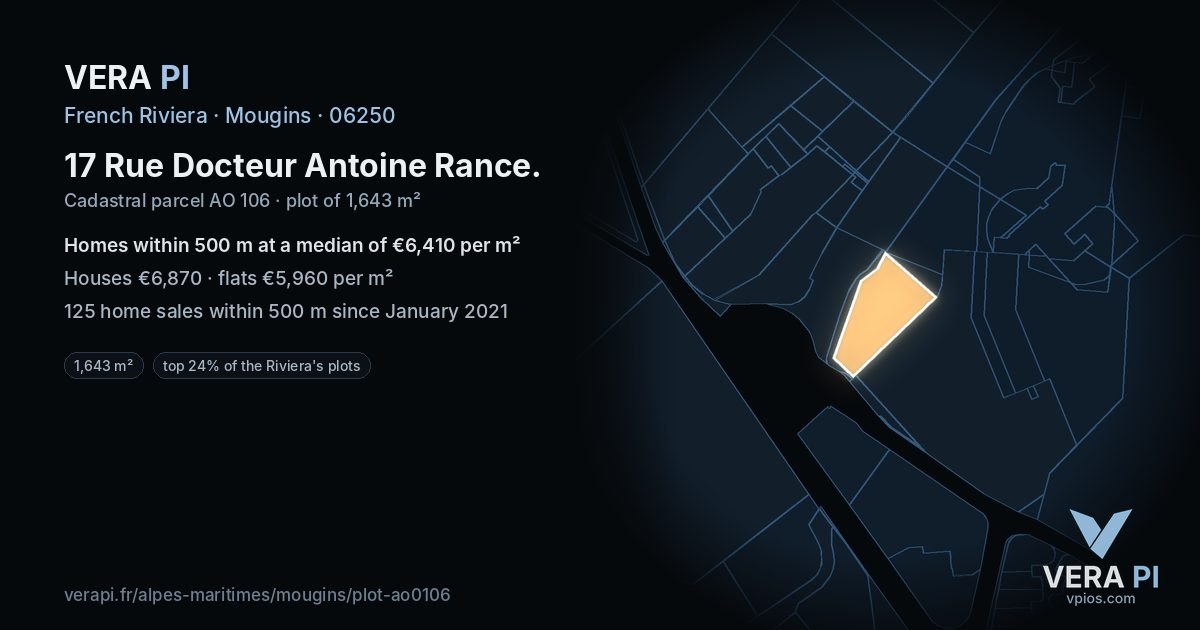 17 Rue Docteur Antoine Rance, Mougins at night – the plot lit, the parcels around coloured by the prices near them