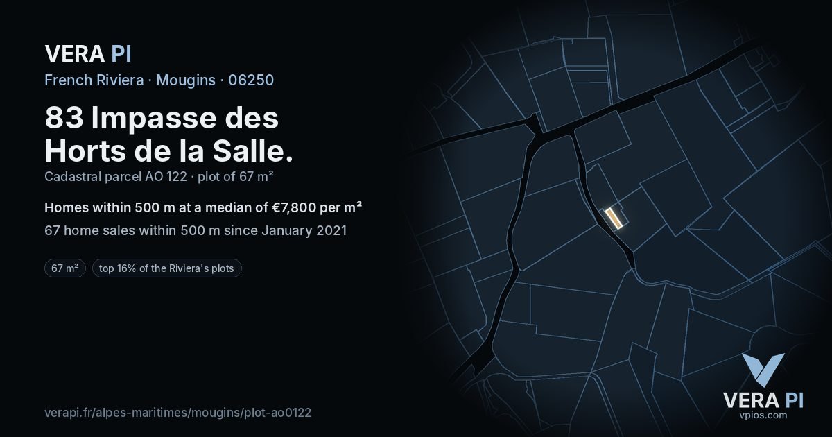 83 Impasse des Horts de la Salle, Mougins at night – the plot lit, the parcels around coloured by the prices near them