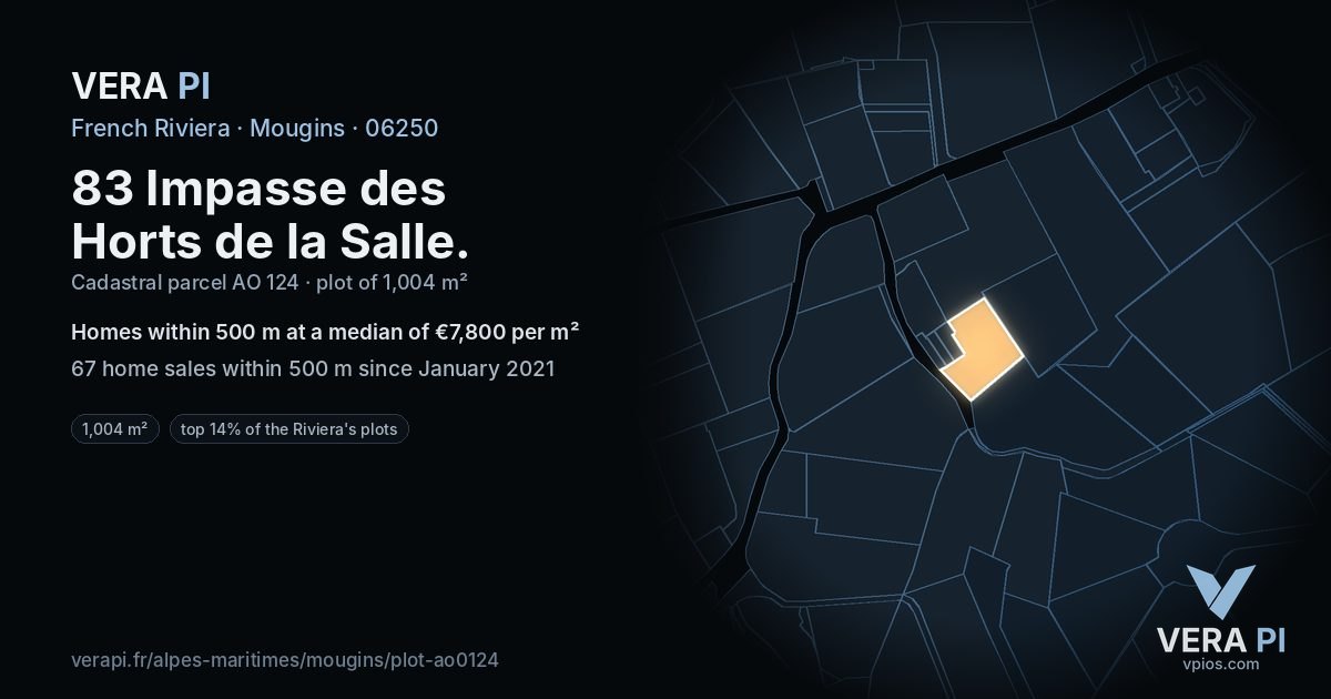 83 Impasse des Horts de la Salle, Mougins at night – the plot lit, the parcels around coloured by the prices near them