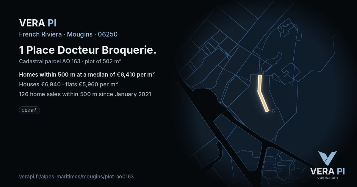 1 Place Docteur Broquerie, Mougins at night – the plot lit, the parcels around coloured by the prices near them