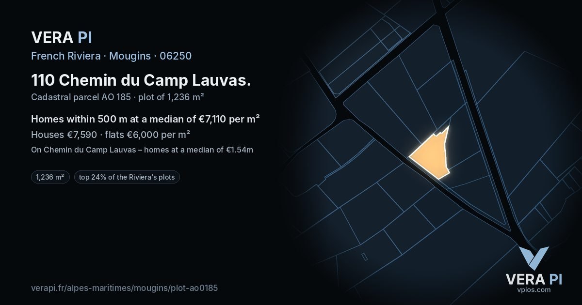 110 Chemin du Camp Lauvas, Mougins at night – the plot lit, the parcels around coloured by the prices near them