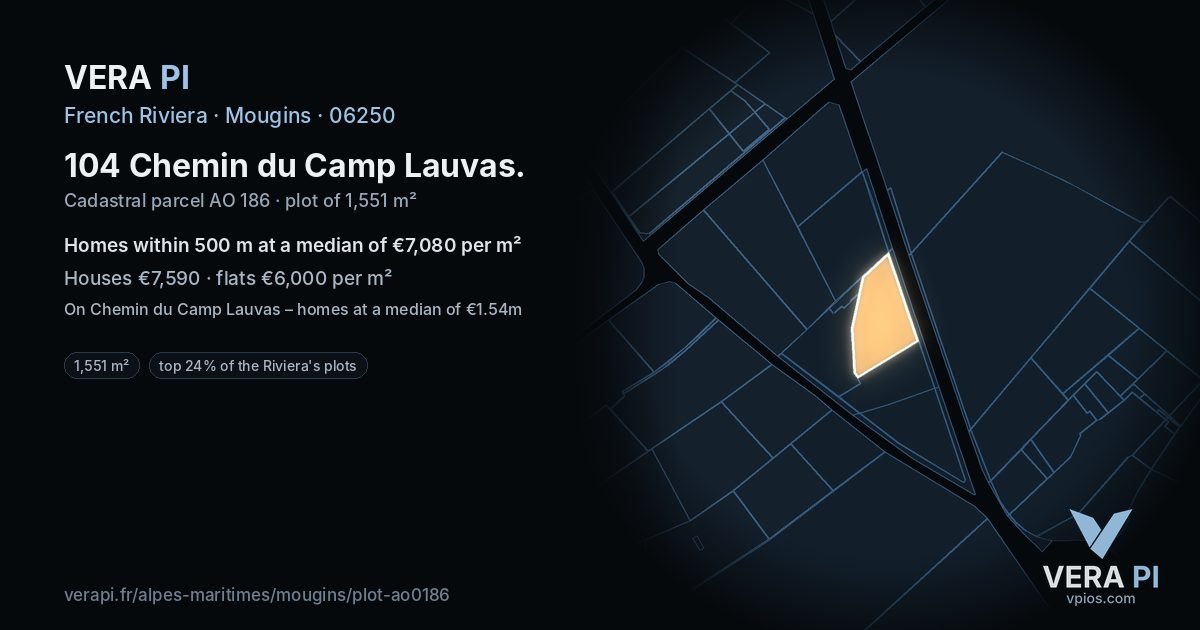 104 Chemin du Camp Lauvas, Mougins at night – the plot lit, the parcels around coloured by the prices near them