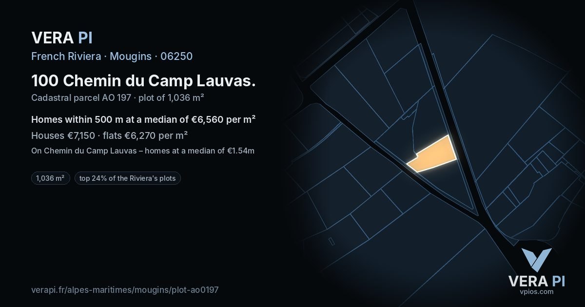 100 Chemin du Camp Lauvas, Mougins at night – the plot lit, the parcels around coloured by the prices near them