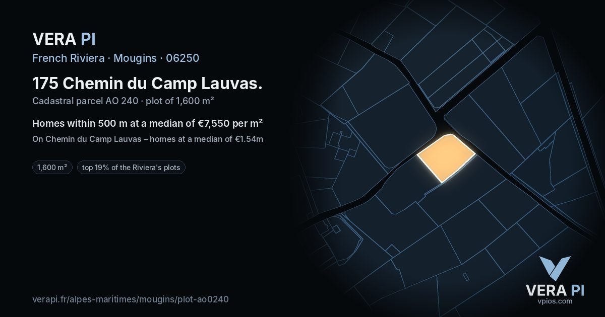 175 Chemin du Camp Lauvas, Mougins at night – the plot lit, the parcels around coloured by the prices near them