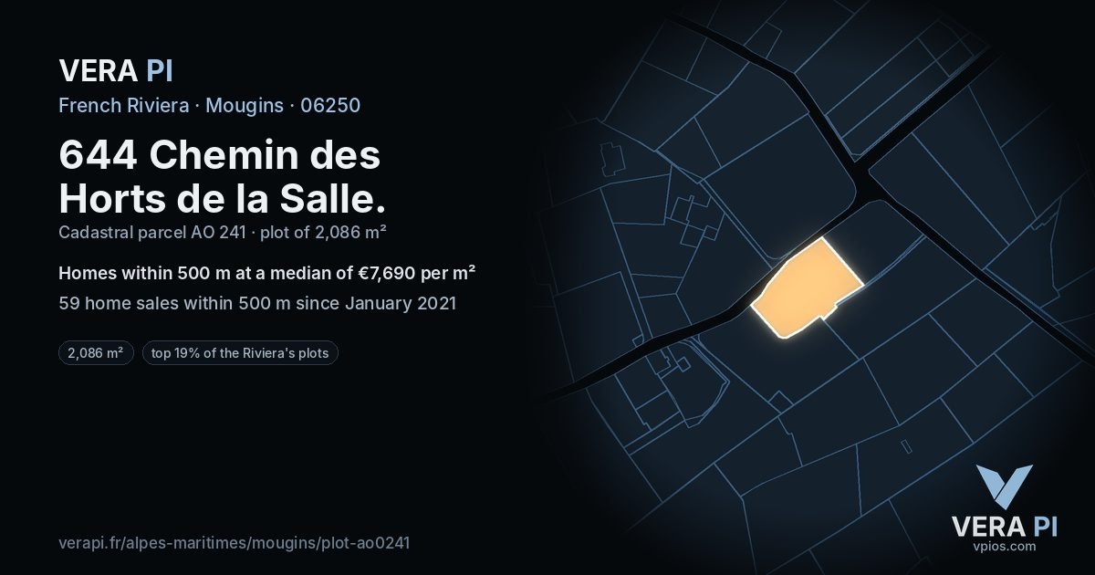 644 Chemin des Horts de la Salle, Mougins at night – the plot lit, the parcels around coloured by the prices near them