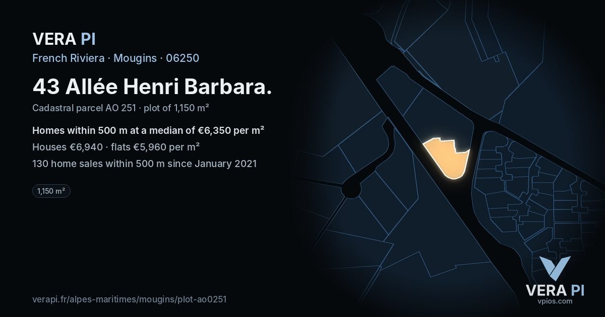 43 Allée Henri Barbara, Mougins at night – the plot lit, the parcels around coloured by the prices near them
