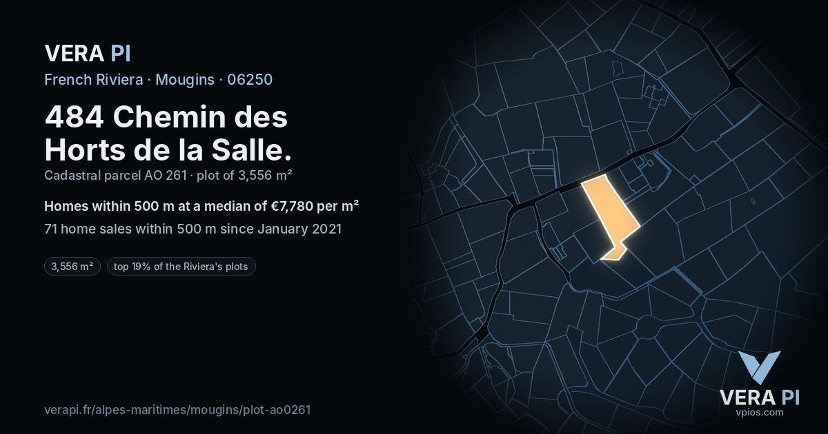 484 Chemin des Horts de la Salle, Mougins at night – the plot lit, the parcels around coloured by the prices near them
