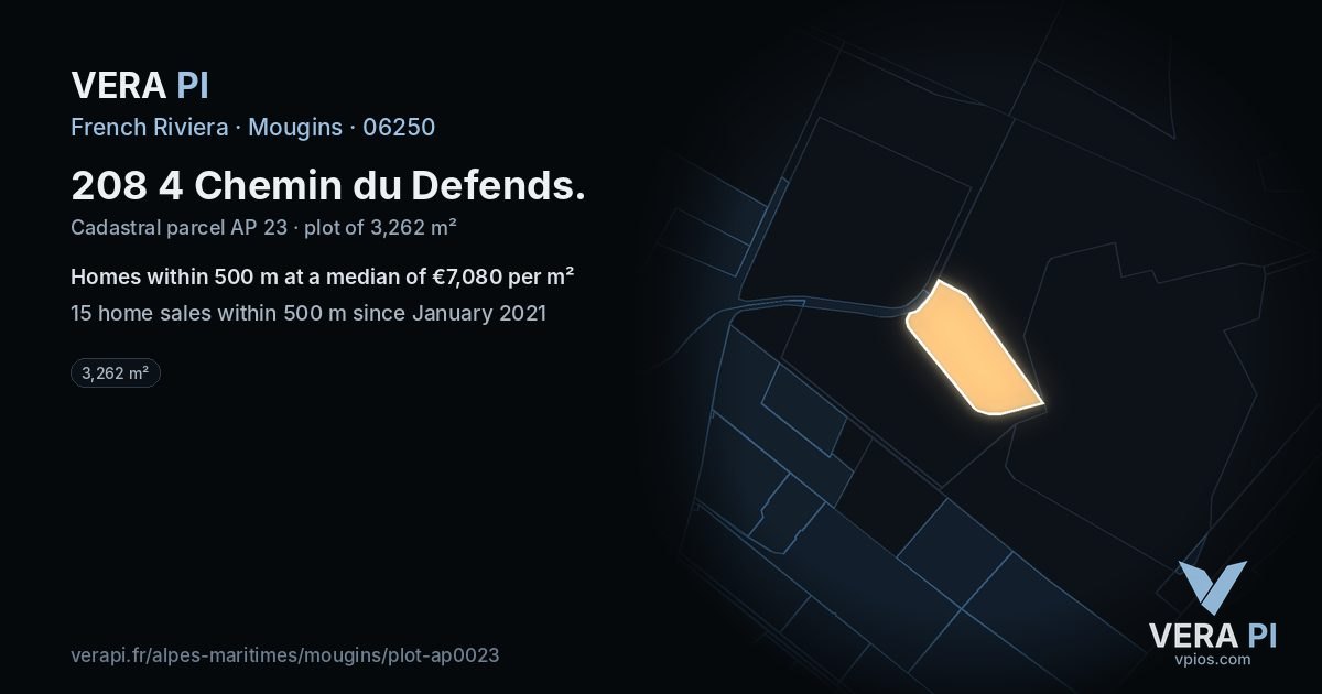 208 4 Chemin du Defends, Mougins at night – the plot lit, the parcels around coloured by the prices near them