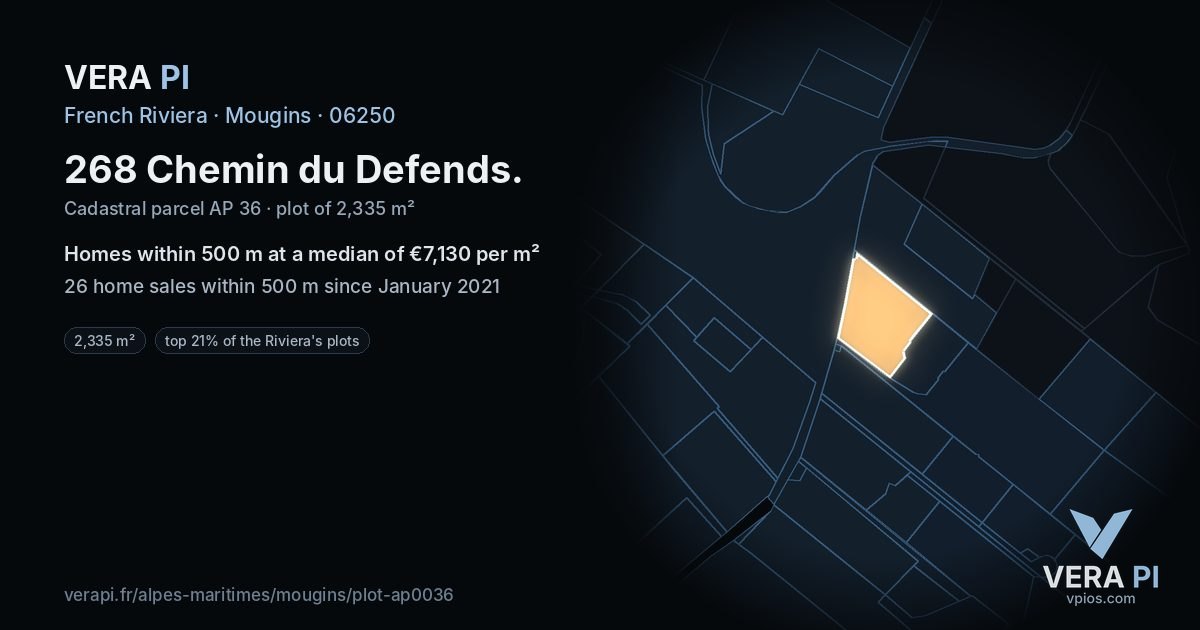 268 Chemin du Defends, Mougins at night – the plot lit, the parcels around coloured by the prices near them