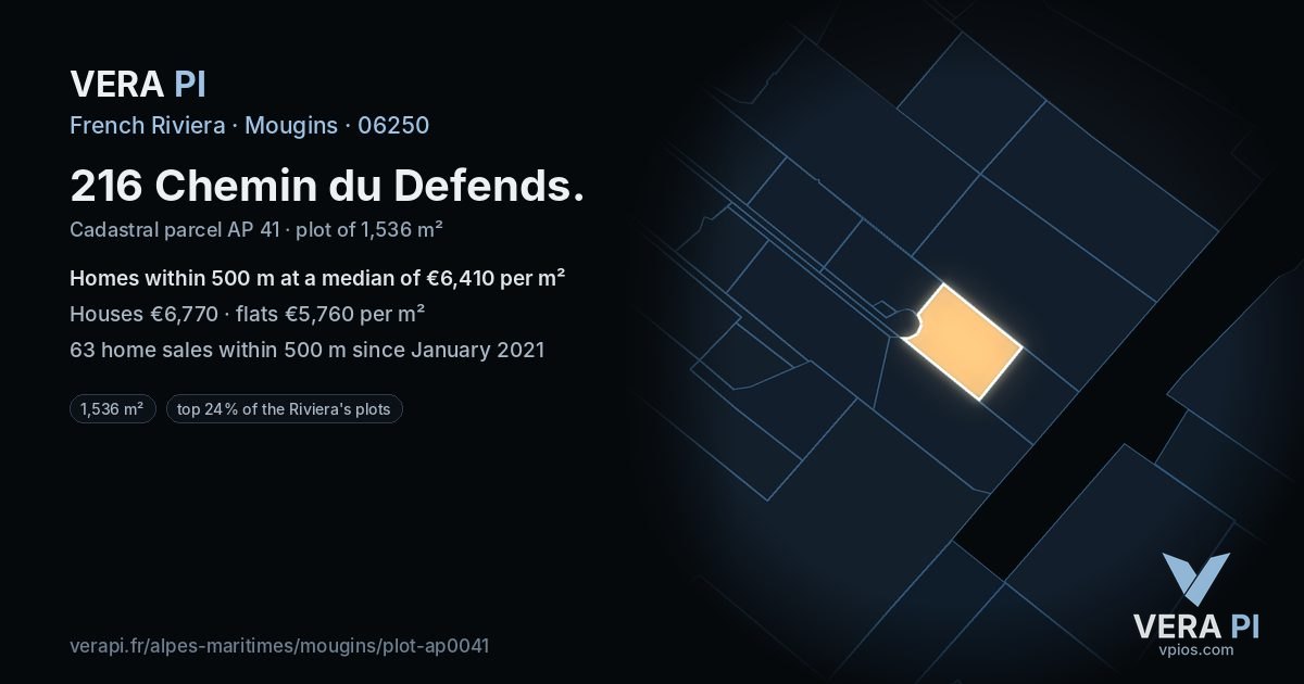 216 Chemin du Defends, Mougins at night – the plot lit, the parcels around coloured by the prices near them