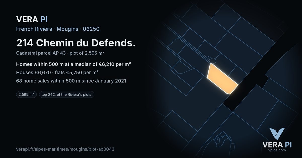 214 Chemin du Defends, Mougins at night – the plot lit, the parcels around coloured by the prices near them