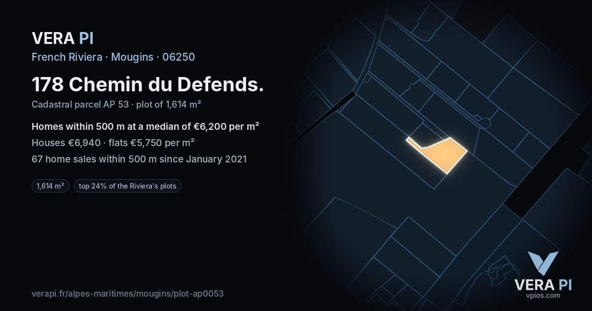 178 Chemin du Defends, Mougins at night – the plot lit, the parcels around coloured by the prices near them
