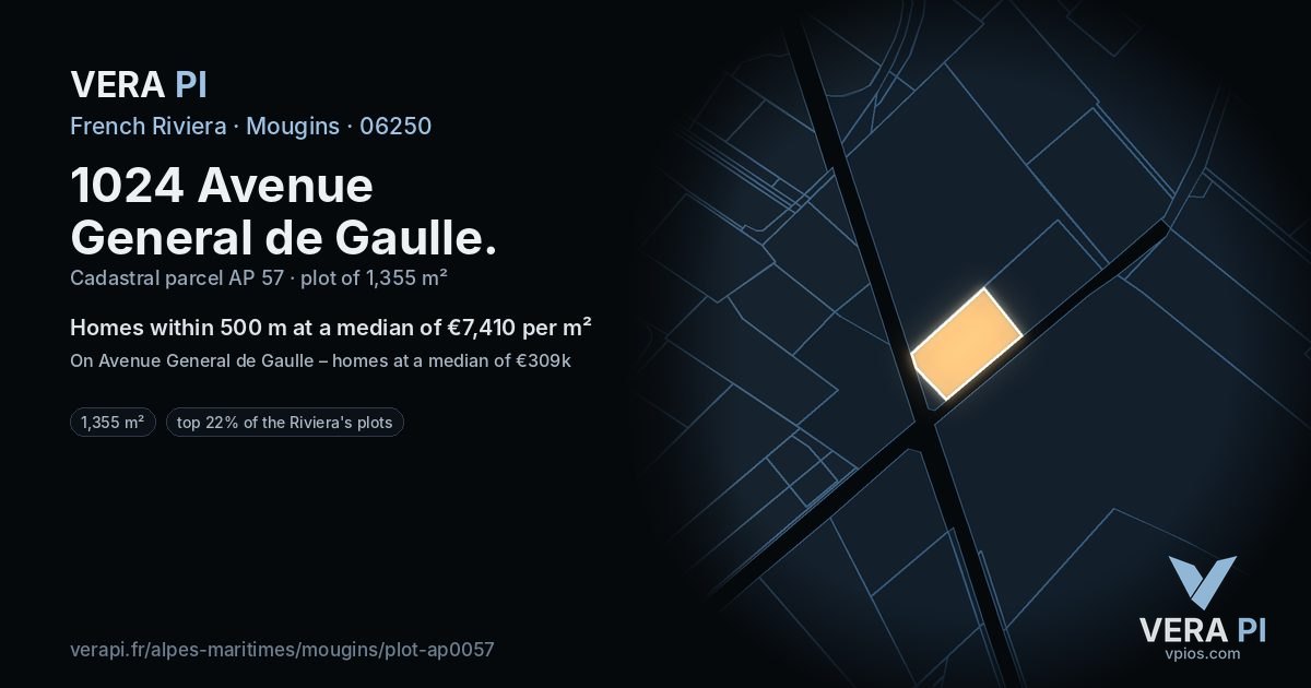 1024 Avenue General de Gaulle, Mougins at night – the plot lit, the parcels around coloured by the prices near them