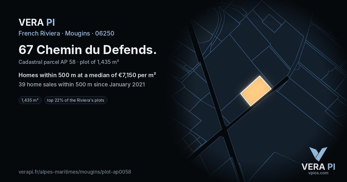 67 Chemin du Defends, Mougins at night – the plot lit, the parcels around coloured by the prices near them