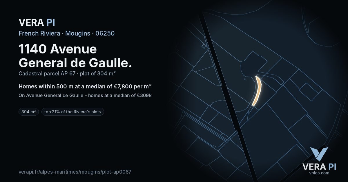 1140 Avenue General de Gaulle, Mougins at night – the plot lit, the parcels around coloured by the prices near them
