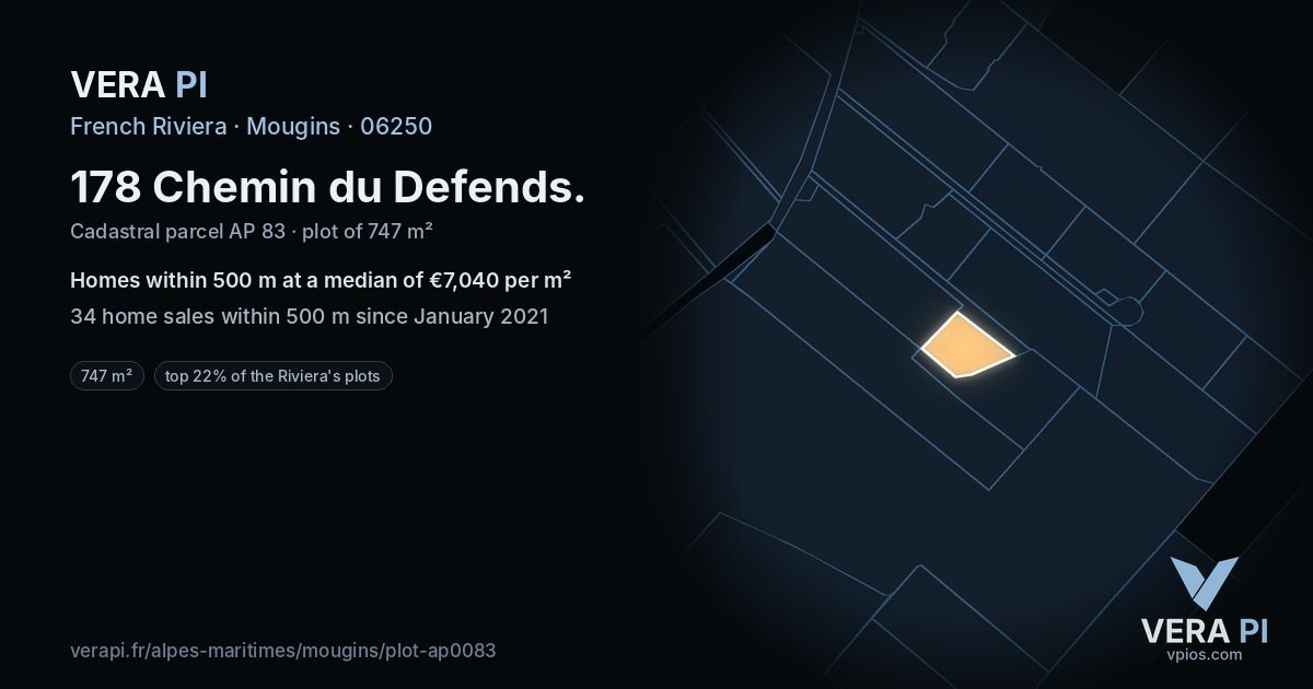178 Chemin du Defends, Mougins at night – the plot lit, the parcels around coloured by the prices near them