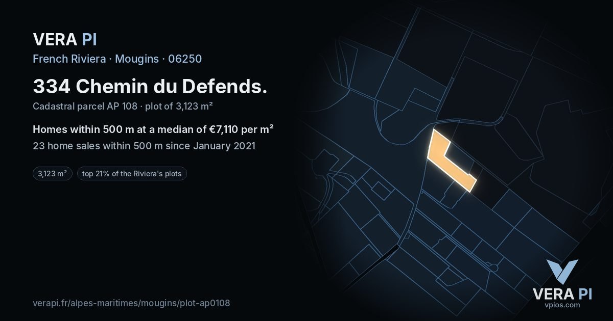 334 Chemin du Defends, Mougins at night – the plot lit, the parcels around coloured by the prices near them