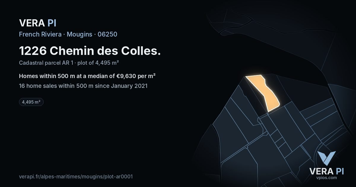 1226 Chemin des Colles, Mougins at night – the plot lit, the parcels around coloured by the prices near them