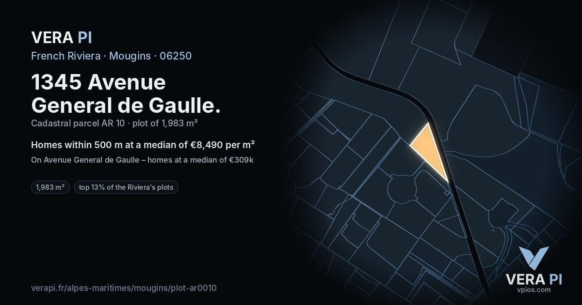 1345 Avenue General de Gaulle, Mougins at night – the plot lit, the parcels around coloured by the prices near them