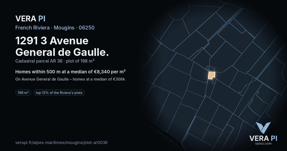 1291 3 Avenue General de Gaulle, Mougins at night – the plot lit, the parcels around coloured by the prices near them