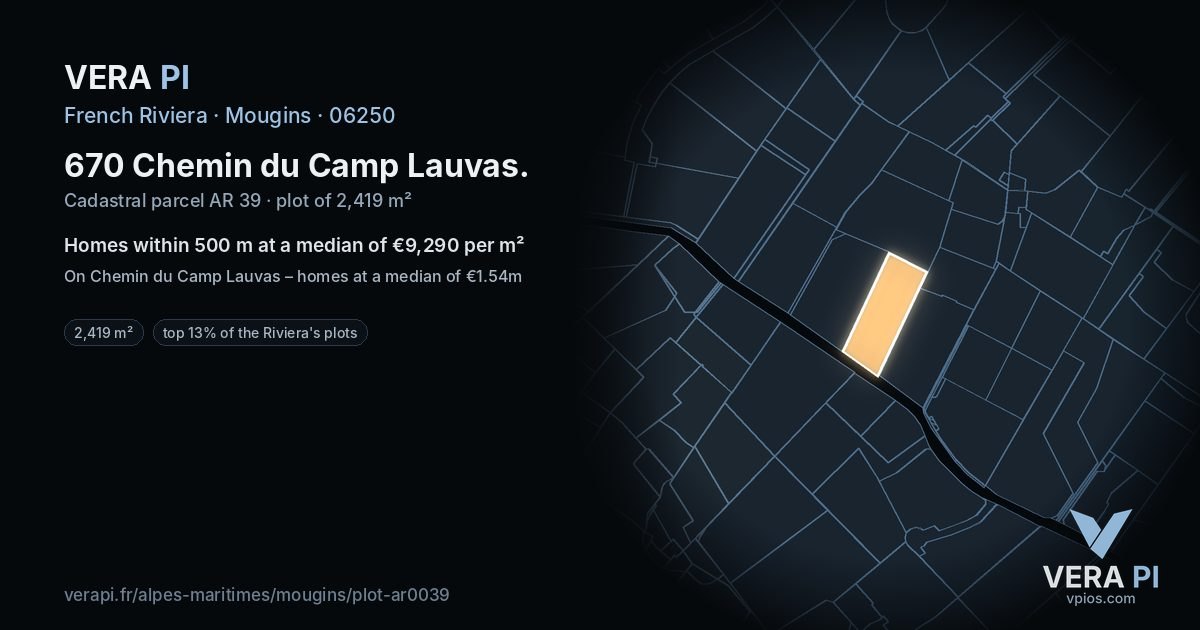 670 Chemin du Camp Lauvas, Mougins at night – the plot lit, the parcels around coloured by the prices near them