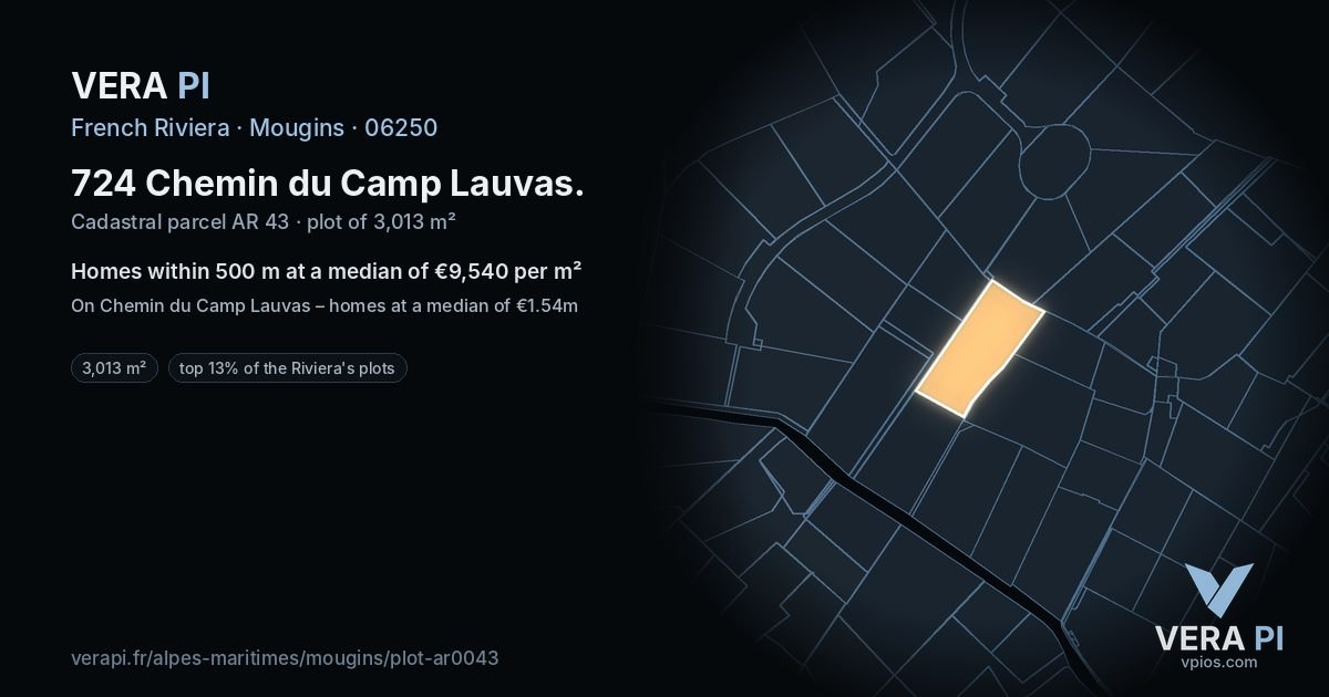 724 Chemin du Camp Lauvas, Mougins at night – the plot lit, the parcels around coloured by the prices near them