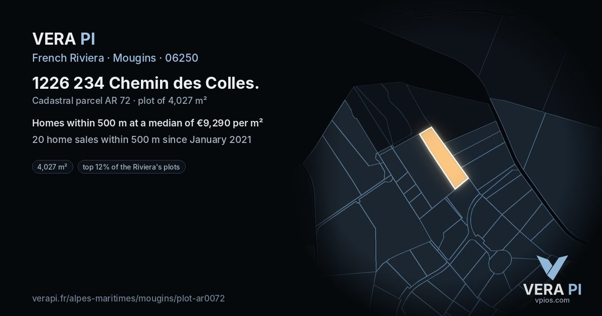 1226 234 Chemin des Colles, Mougins at night – the plot lit, the parcels around coloured by the prices near them