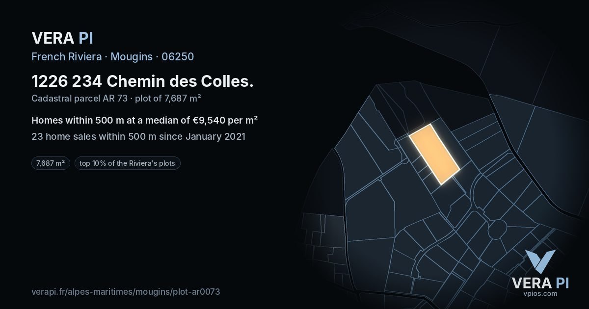 1226 234 Chemin des Colles, Mougins at night – the plot lit, the parcels around coloured by the prices near them