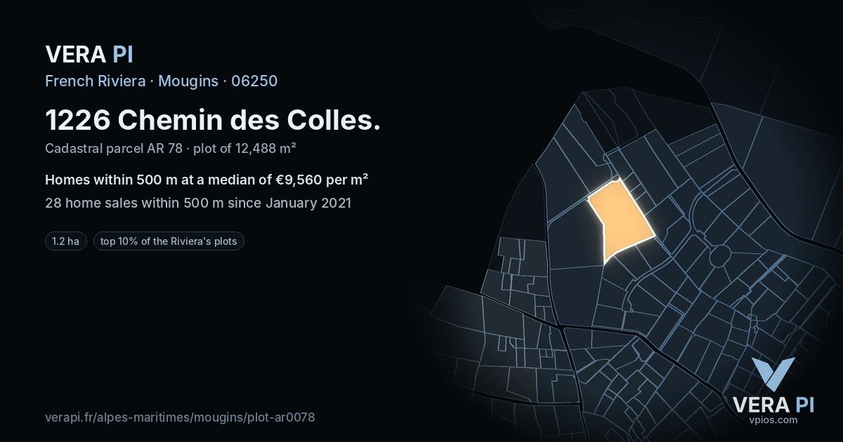 1226 Chemin des Colles, Mougins at night – the plot lit, the parcels around coloured by the prices near them