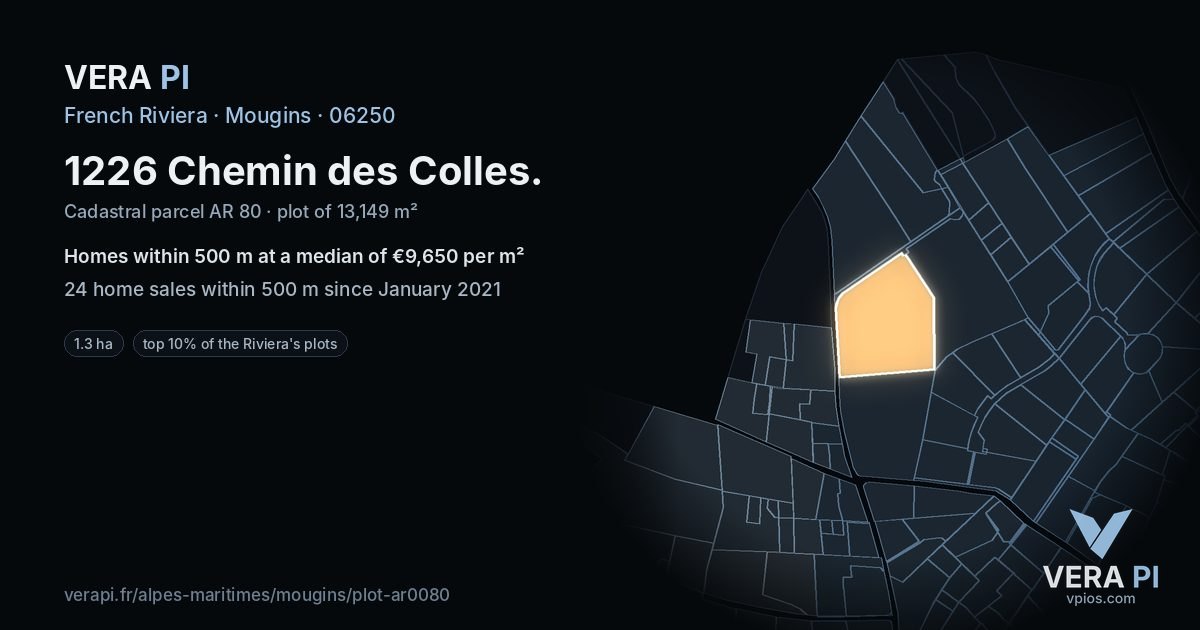 1226 Chemin des Colles, Mougins at night – the plot lit, the parcels around coloured by the prices near them