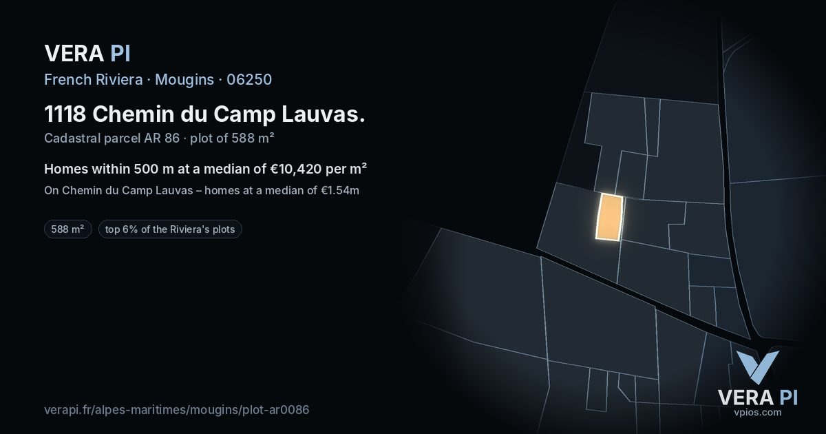 1118 Chemin du Camp Lauvas, Mougins at night – the plot lit, the parcels around coloured by the prices near them