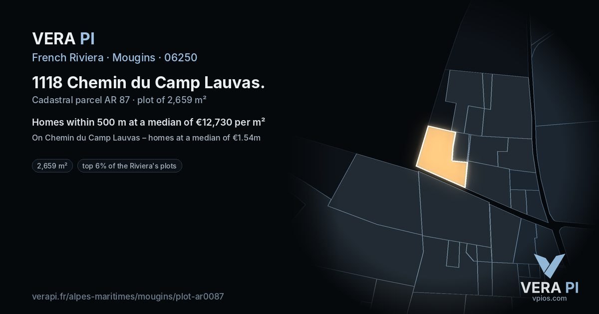 1118 Chemin du Camp Lauvas, Mougins at night – the plot lit, the parcels around coloured by the prices near them